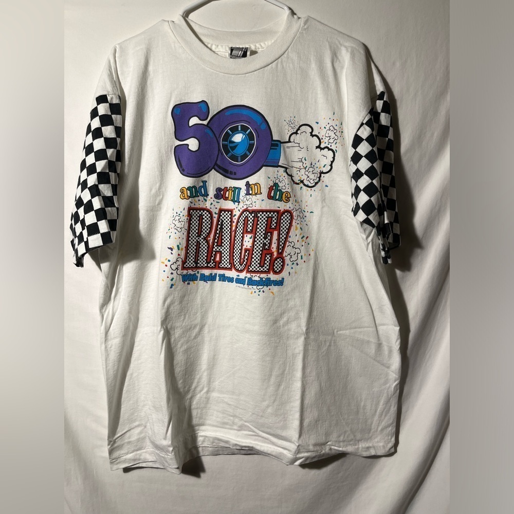 Mens XL Vintage 90s LA Sportswear 50 and Still in the Race T Shirt Single Stitch